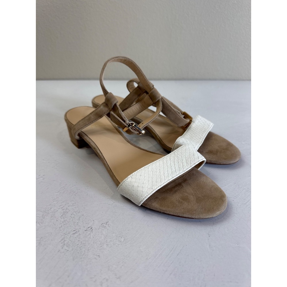 Raye Beige & White Strappy Block Heel Sandals Size 39 Faux Leather Suede‎ Summer